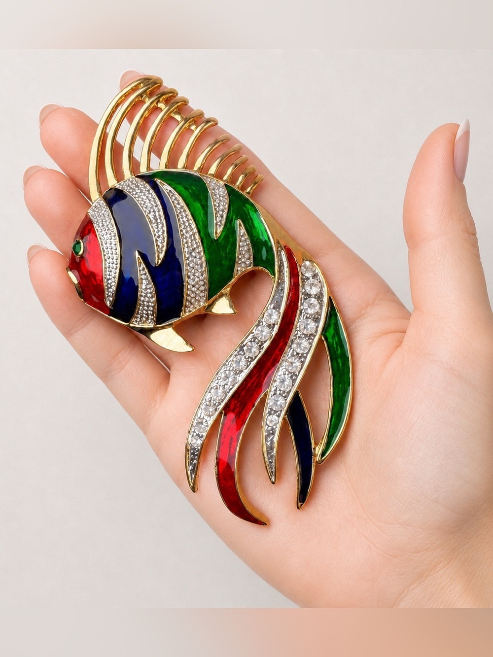 Large Colorful Tropical Fish Brooch Rhinestone Enamel Gold Tone Vintage Pin - Picture 4 of 10